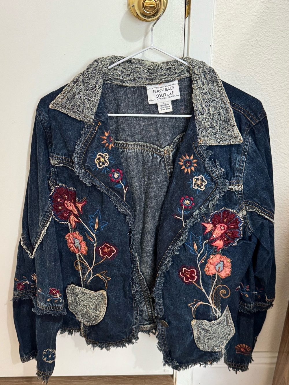 Embellished Dark Denim Jacket with Floral Embroidery